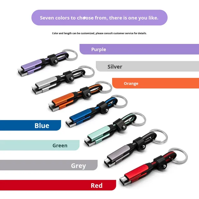 Keychain Charging Cable 6-in-1 Multi Connector 3A 60W Fast Charging Nylon Braided, Custom Logo Printing Wholesale
