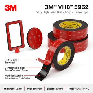 Nastro Biadesivo in Schiuma Nera 3M VHB 5962 Attivabile con Acqua, Taglio a Kiss Cut su Rotolo, 1.6mm, Impermeabile, Sostituisce Rivetti e Saldature, Taglio Personalizzato - Product Image 2