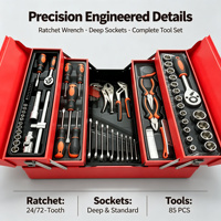 Kit d'outils de réparation 85 pièces en acier Cr-V, jeu de clés à douilles professionnel, boîte à outils mécanique en métal, garantie 3 ans, manuel d'utilisation inclus