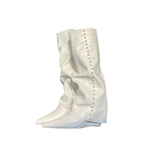 2026 <b>White</b> Tube Boots for Women Pointed Toe High Shaft Knight Boots Wedge Heel Knee High Boots Stylish Below Knee Long Boots - Product Image 4