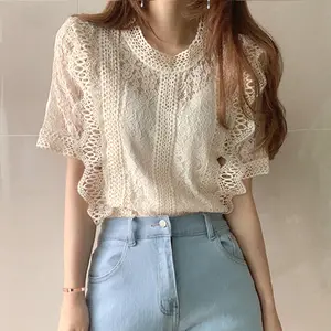 Fashion Women Lace Shirts Solid Color Short Sleeve French Stand Collar Hollow Out with Lining Lady Tops Clothing Casual Shirt