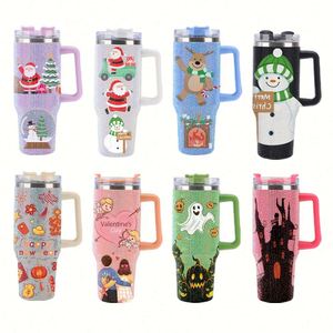 แก้วน้ำสแตนเลสแบบมีฝาและหลอดดูด ขนาด 40 ออนซ์ (1200 มล.) ประดับคริสตัลและเพชรเทียม สำหรับทำแก้วกาแฟแบบกำหนดเอง - Product Image 3