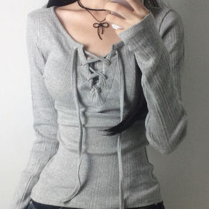 Blusa Casual de Manga Larga para Mujer, Color Sólido, Cuello en U, Diseño con Cordones y Ojales, Uso Diario Básico - Product Image 1