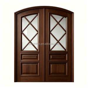 Porta d'Ingresso Doppia Arcuata Premium in Legno di Noce e Vetro Classico con Design a Barre in Legno per Esterni di Villa - Product Image 1