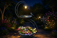 Lanterne solaire en fer, mangeoire et bain pour oiseaux avec pot de fleurs, support en forme de feuille et de branche pour la décoration de jardin extérieur