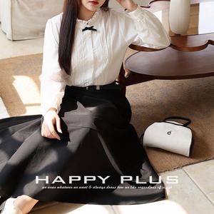 Ensemble chemise blanche et jupe noire pour femme Happy Plus, manches longues, coton Oxford, couleur unie avec boutons, design en forme de A - Product Image 1