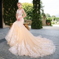 Robe de mariée sirène en dentelle avec traîne chapelle, style bohème royal, en polyester/coton anti-plis, avec queue de poisson détachable