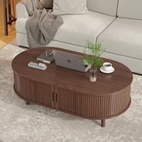 Meuble de rangement en MDF rainuré en noyer, style Mid-Century, finition non peinte, avec prise électrique, système de gestion des câbles et compartiments dissimulés
