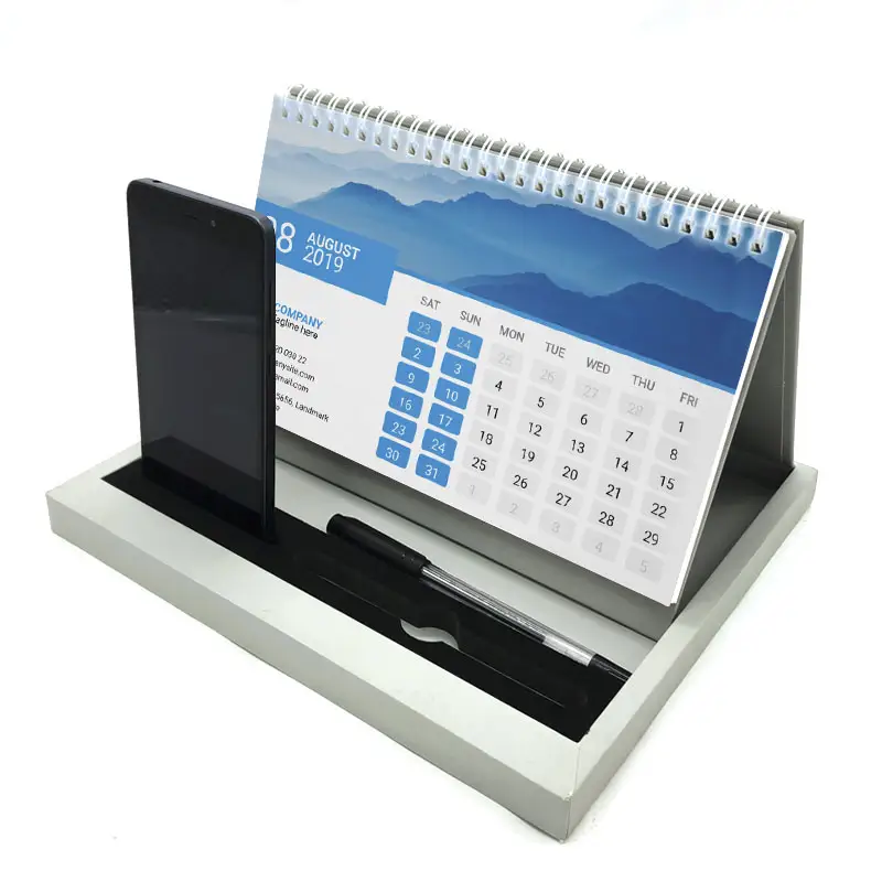 Mesa de escritorio con impresión personalizada promocional, Bloc de notas con espiral, calendario con soporte para teléfono y bolígrafo, 2023, 2024
