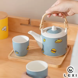 Service à thé en céramique jaune style campagne française, théière en osier avec 2 tasses, plateau en bois, porcelaine pour jardin et légumes, pour <span class=keywords><strong>la</strong></span> maison, <span class=keywords><strong>la</strong></span> cuisine, cadeau - Product Image 2