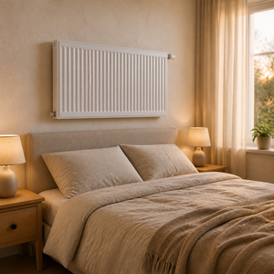 Radiateur mural rectangulaire contemporain en acier doux blanc, anti-corrosion, à texture côtelée verticale, avec vanne thermostatique - Product Image 6