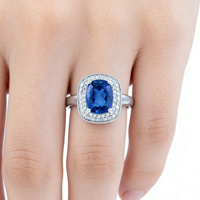 Bague en platine PT950 avec saphir bleu taille coussin, double halo de diamants, bijou de luxe pour femme