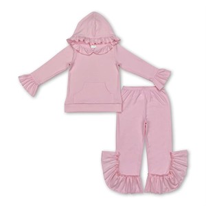 Wholesale <b>Toddler</b> Kids Girls 2pcs Solid Color Ruffle Long Sleeve <b>Hoodie</b> Top Pants Set Comfortable Cotton Outfits - Product Image 2