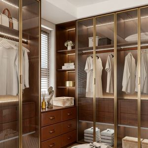 Armoire ouverte BALOM, design moderne et luxueux, avec porte en verre, cadre en métal noir, armoire en bois beige, dressing - Product Image 6