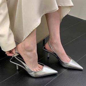 Silver <b>Pointed</b> <b>Toe</b> Covered <b>Toe</b> <b>Mule</b> Sandals French Elegant Backless High Heels Fairy Ladies Shoes - Product Image 1