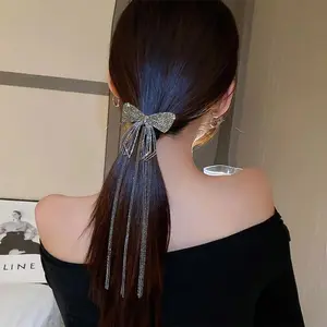 Diamond Inlaid Bow Hair Clips Long Tassel Full Rhinestone Butterfly Hairpin Spring Clip For Women Hairwear Elegant Hair Jewelry