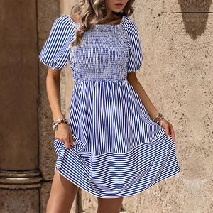 Stile giapponese <span class=keywords><strong>e</strong></span> coreano <span class=keywords><strong>blu</strong></span> <span class=keywords><strong>bianco</strong></span> <span class=keywords><strong>a</strong></span> <span class=keywords><strong>righe</strong></span> con collo quadrato <span class=keywords><strong>a</strong></span> maniche corte primavera/estate elegante abito Midi alla moda - Product Image 2