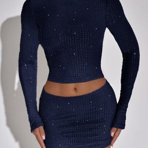 ชุดเซ็ตทูพีซผ้าทอขายส่ง ดีไซน์หรูหรา แฟชั่นลำลอง เสื้อมินิแขนยาวเข้ารูป ประดับเพชร กระโปรงมินิสั้นรัดรูป เซ็กซี่ - Product Image 2