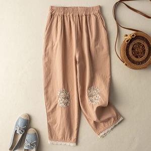 Women's Ethnic Style Embroidered Cotton Linen Harem Pants High Waist Loose Casual Cropped Summer Breathable Blue - Product Image 4