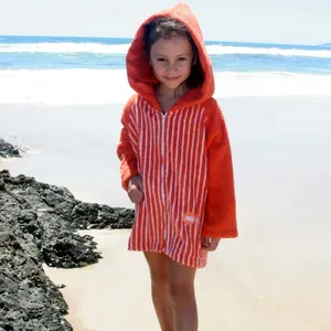 Red Striped Wholesale Bathrobe Combed Cotton Towel Poncho Kids New Style Kids Zip Up Hooded Beach Towel