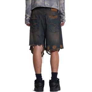 Shorts en jean bleu foncé vintage déchiré, en coton denim, coupe ample, très usé, avec ourlet brut pour homme - Product Image 4
