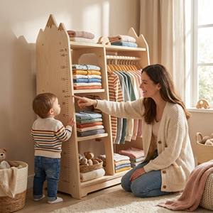 Bestselling Wooden Children's Clothing <b>Storage</b> Rack, Height Measurement <b>Storage</b> 2-in-1, Suitable <b>for</b> Bedrooms and Kindergartens - Product Image 4