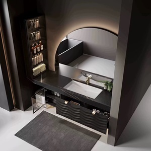 High-end customized black rock slab integrated basin curved intelligent backlight mirror bathroom cabinet - Product Image 4
