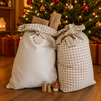 Sac cadeau de Noël en toile à carreaux avec cordon de serrage, sac du Père Noël réutilisable, pochette cadeau de Noël pour la décoration de la maison familiale