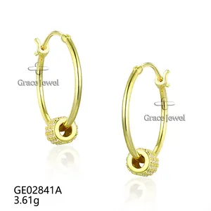 Grace Jewelry OEM ODM Custom Classic Design Safe Lock Pave Setting CZ Bead 925 Sterling Silver Gold Plated Hoop Earrings