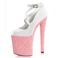 Chaussures à talons fins et lumineux en sequins roses, talon de 20 cm, chaussures de club, pole dance, mode féminine, grande taille, printemps et automne, bouche peu profonde, chaussures simples
