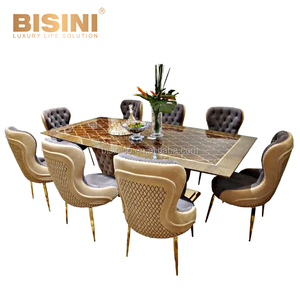 Tavolo <span class=keywords><strong>da</strong></span> <span class=keywords><strong>Pranzo</strong></span> Lungo con Base in Acciaio Inox Stile Europeo Post-Moderno con Intarsi e 8 Sedie - Product Image 2