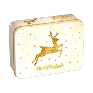 Caja de hojalata navideña con renos dorados, estrellas y estampado de Feliz Navidad, contenedor cuadrado para regalos y dulces navideños - Product Image 1