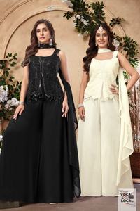 ชุดสูทปาลาซโซสไตล์อินโด-เวสเทิร์นผ้าซาตินสำหรับผู้หญิง ดีไซน์หรูหรา พร้อมเสื้อปักลายและผ้าคลุมไหล่ สำหรับงานปาร์ตี้ฤดูร้อน - Product Image 2