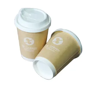 リサイクル可能な使い捨て100% 生分解性10オンスホットコーヒーティーペーパーカップ二重壁コーヒーカップクラフト紙コップ