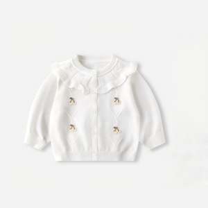 Suéter de Algodón para Bebé, Otoño-Primavera, Tejido a Crochet, con Volantes, Cuello Redondo, Patrón Bordado, Cierre de Botones, Cárdigan, Prendas de Abrigo para Niñas - Product Image 3