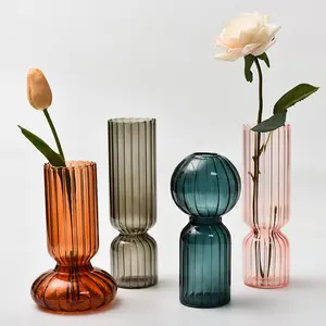 Vaso de vidro estriado colorido, vaso para decoração de casa, vidro