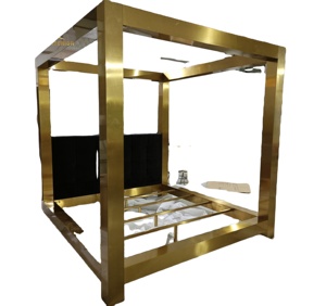 Элитная кровать King-size <span class=keywords><strong>Kensington</strong></span> с металлическим каркасом из нержавеющей стали и обитой тканью изголовьем с панелями, отделанными пуговицами, золотистые металлические кровати - Product Image 3