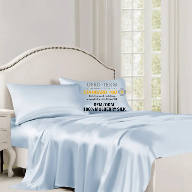 Custom Luxury King Size 6A Oeko-tex Silk Hotel Bedding Sets Bed Flat Sheet Duvet Cover Set for Wedding