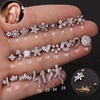 Vente en gros de bijoux pour le cartilage, boucles d'oreilles de piercing, en forme de fleur, avec CZ transparent, PVD, couleur lobe, plantes, animaux, hélice, conque, rook, tragus