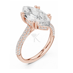 Anillo de compromiso con corte marquesa en oro amarillo, banda de diamantes pavé de varias filas, doble halo oculto, elegante joya nupcial. - Product Image 6