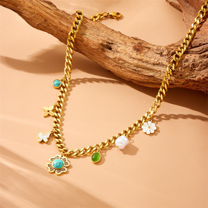 Cross Border Fashion Retro Heavy Chain White Shell Butterfly Daisy Turquoise Flower Pendant Stainless Steel Necklace - Product Image 3