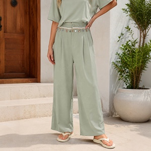 Pantalones de Traje de Pierna Ancha <span class=keywords><strong>Verde</strong></span> Salvia para Mujer, de Cintura Alta con Lentejuelas, Plisados y Drapeados, Pantalón de Oficina, <span class=keywords><strong>Pantalon</strong></span> Tailleur Femme - Product Image 5