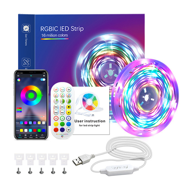 Decorate TV DIY USB 5V Neon Light Ambient 16 Million Colors Changing Smart Remote Control Music Sync RGBIC LED Strip Lights