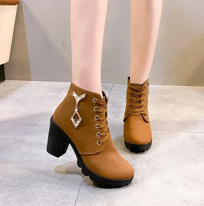 Fashion Thick Heel Boots Martin Boots Lace Up Round Toe Women's Boots Frosted Thick High Heel Booties