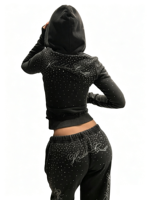 Ensemble deux pièces sexy pour femme avec strass thermocollés, comprenant un sweat à capuche et un pantalon de survêtement coupe ajustée