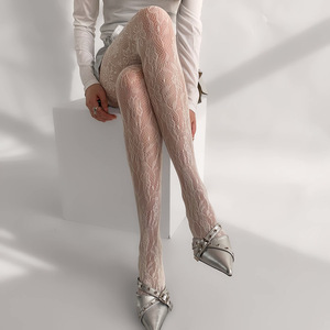 Collants résille à fleurs françaises rétro, collants en dentelle creuse, collants bordeaux, collants sexy pour femmes, collants <span class=keywords><strong>blancs</strong></span> purs à la rose - Product Image 5
