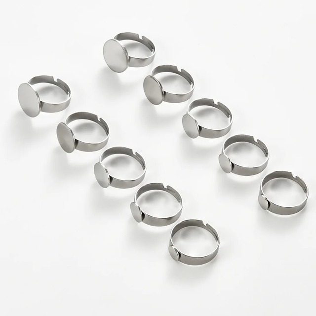 Sunling 10Pcs Stainless Steel Adjustable Blank Rings 6/8/10/12/14MM Flat Cabochon Bezel Finger Ring Trays DIY Jewelry Supply