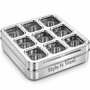 Boîte à épices en acier inoxydable, 9 compartiments, récipient à assaisonnements, plateau de rangement rectangulaire pour herbes, pour cuisine et restaurant - Product Image 1
