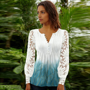 Chemise élégante à col en V avec imprimé ombré et patchwork en dentelle, boutonnée, pour le quotidien, le travail de bureau - Product Image 2