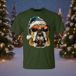 T-shirt de Noël pour bouledogue anglais avec lunettes de soleil et chapeau de Père Noël, motif de chien festif - Product Image 3